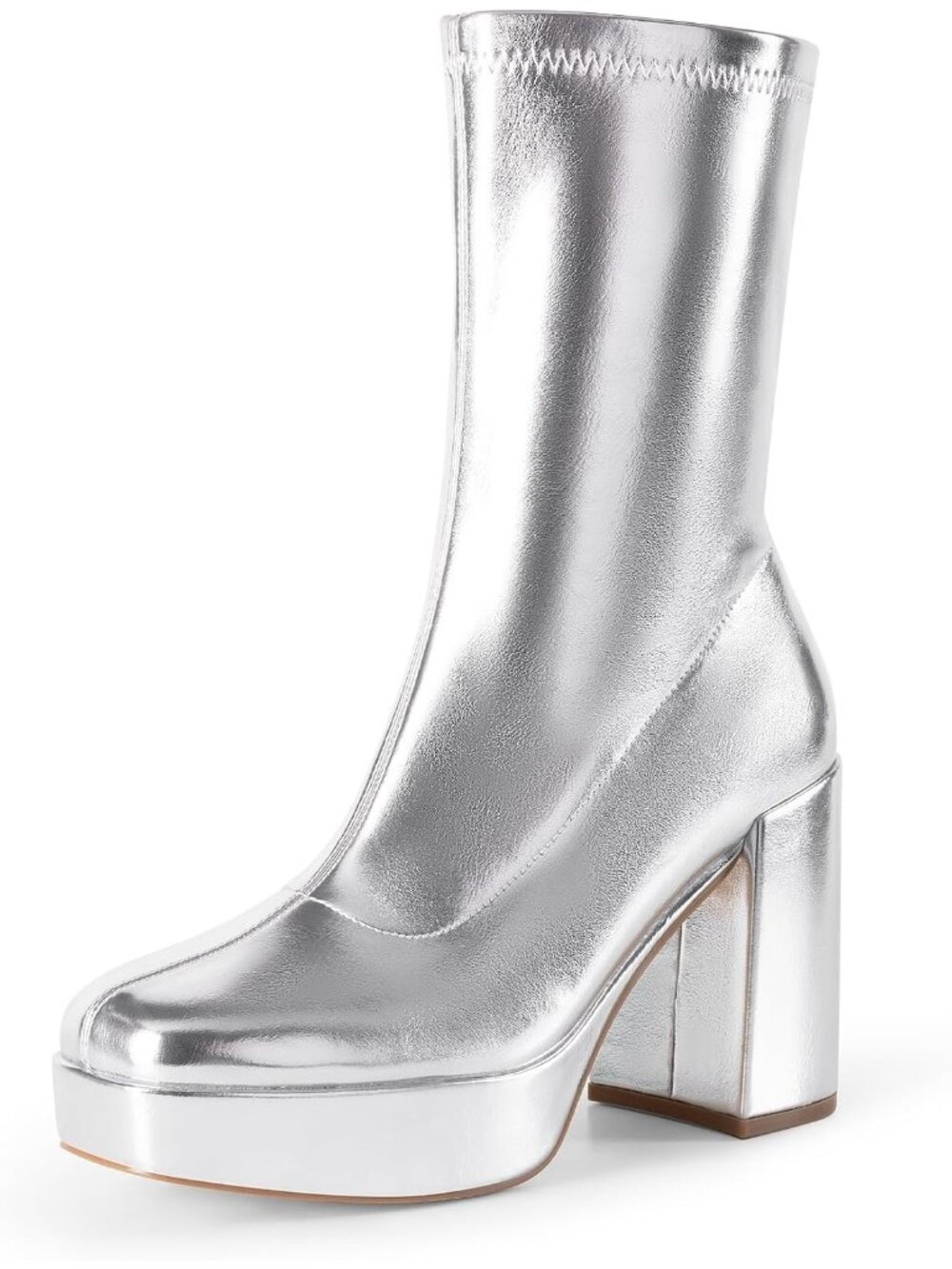 DREAM PAIRS Women's Silver Square Toe High Chunky Mid Calf Platform Boot Shoes